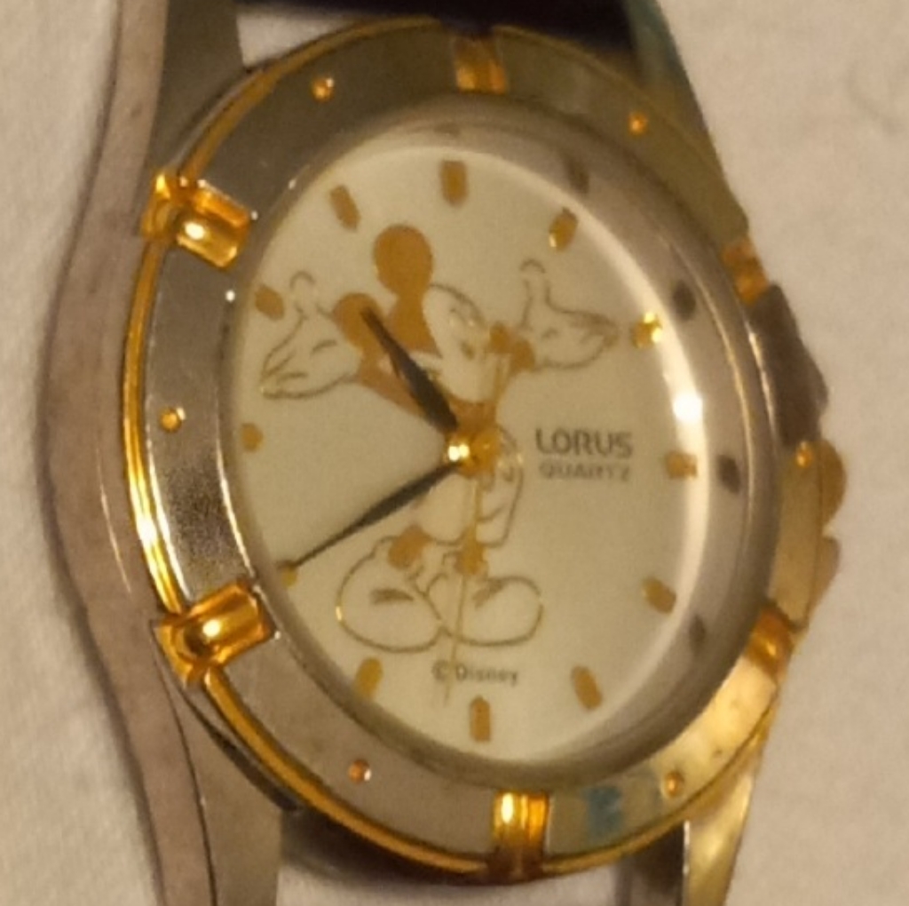 Mens Mickey Goldtone Watch W Leather Braid Buckle Band Preowned